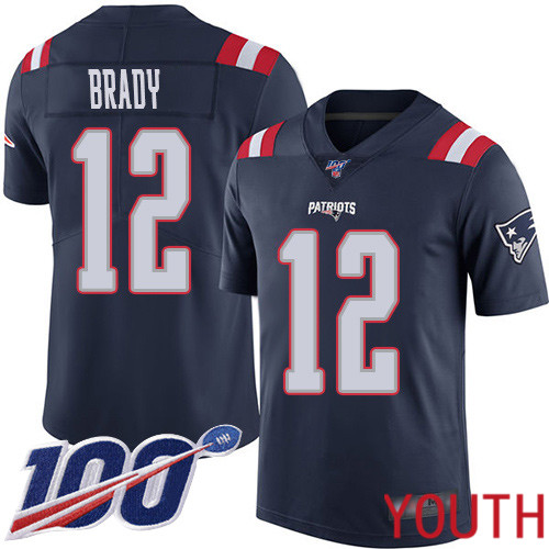 New England Patriots Football #12 100th Season Rush Vapor Limited Navy Blue Youth Tom Brady NFL Jersey